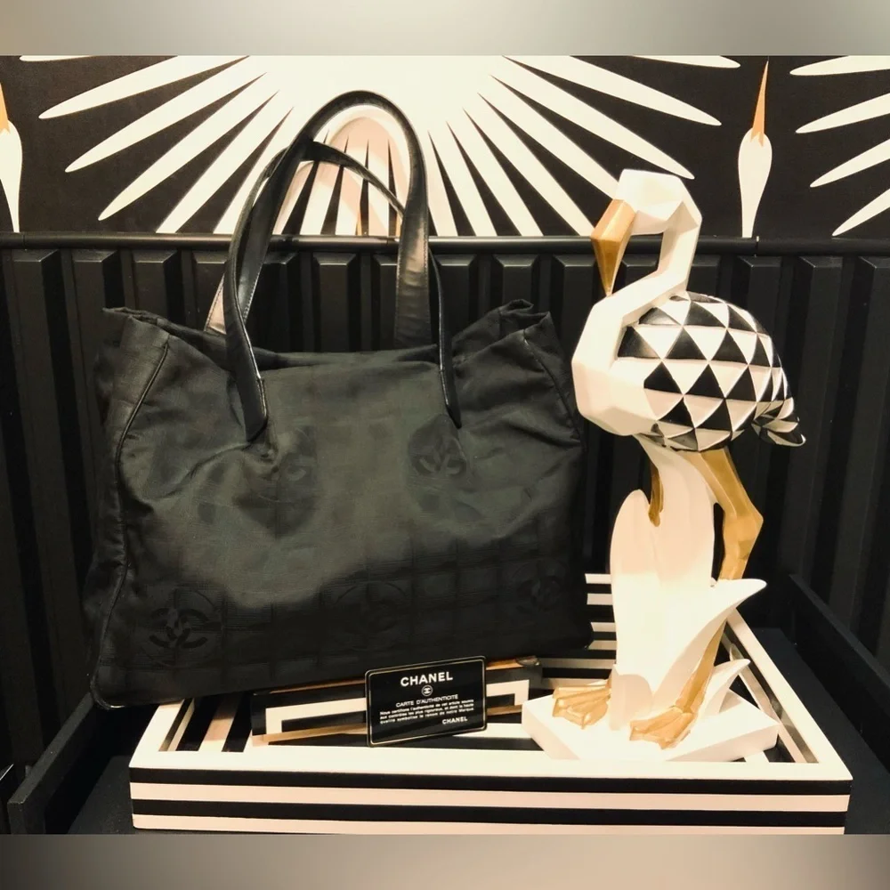 CHANEL Travel Line Tote MM Tote Bag Black Nylon JacquardLeather Women